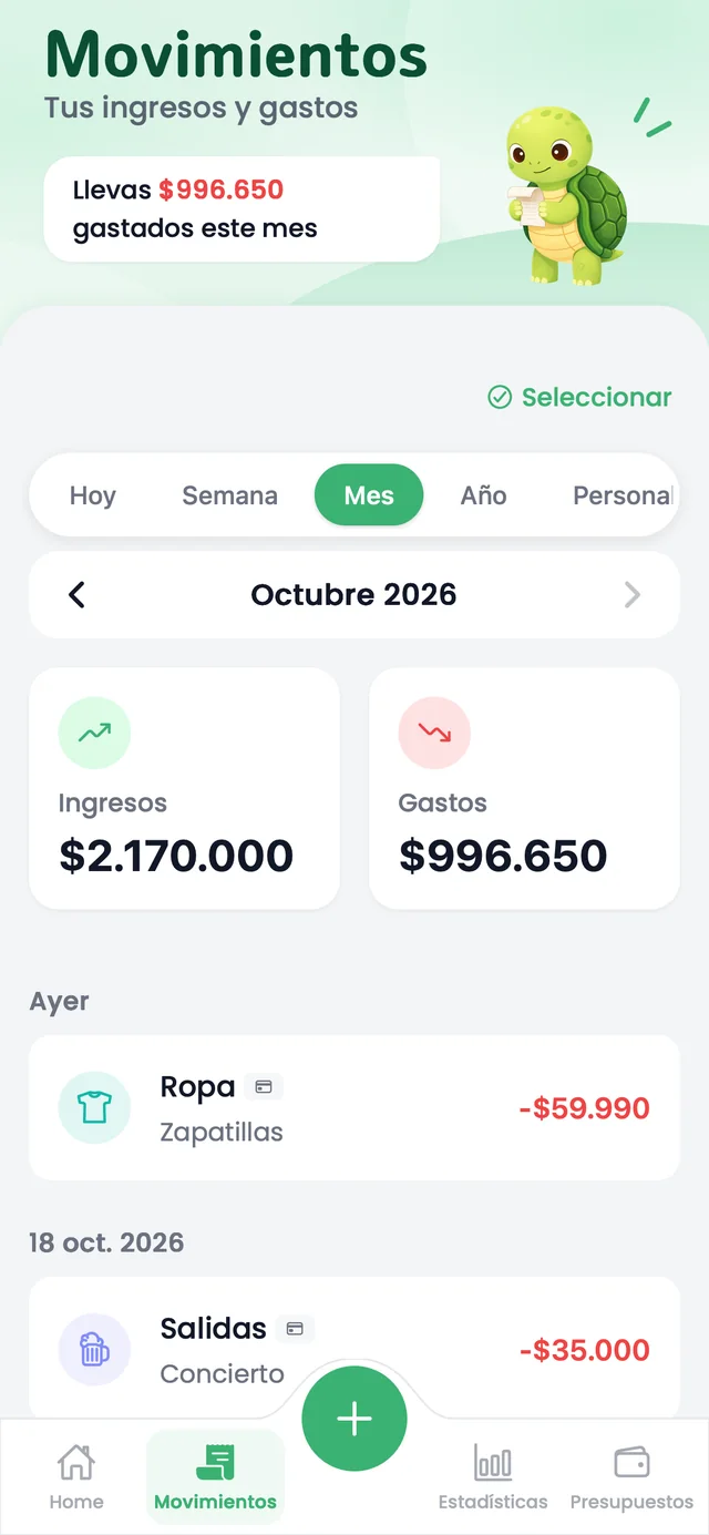 Pantalla de Movimientos de Kashui con ingresos y gastos del mes